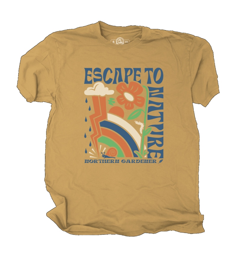 Product Description: 100% cotton, Unisex sizing, Custom screen printing by The Duck Company.</br></br>Orders are mailed directly to the purchaser.</br>Is your order a gift? Email us if you'd rather have us ship to your recipient. Don't forget to visit the holiday store to add a gift membership or subscription to create your own gift package!</br> Escape to Nature T-shirt (Gold)