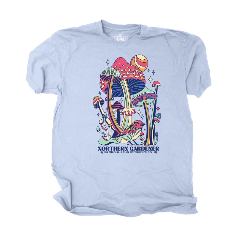 Product Description: 100% cotton, Unisex sizing, Custom screen printing by The Duck Company.</br></br>Orders are mailed directly to the purchaser.</br>Is your order a gift? Email us if you'd rather have us ship to your recipient. Don't forget to visit the holiday store to add a gift membership or subscription to create your own gift package!</br> Daydreaming Mushrooms T-shirt (Periwinkle)