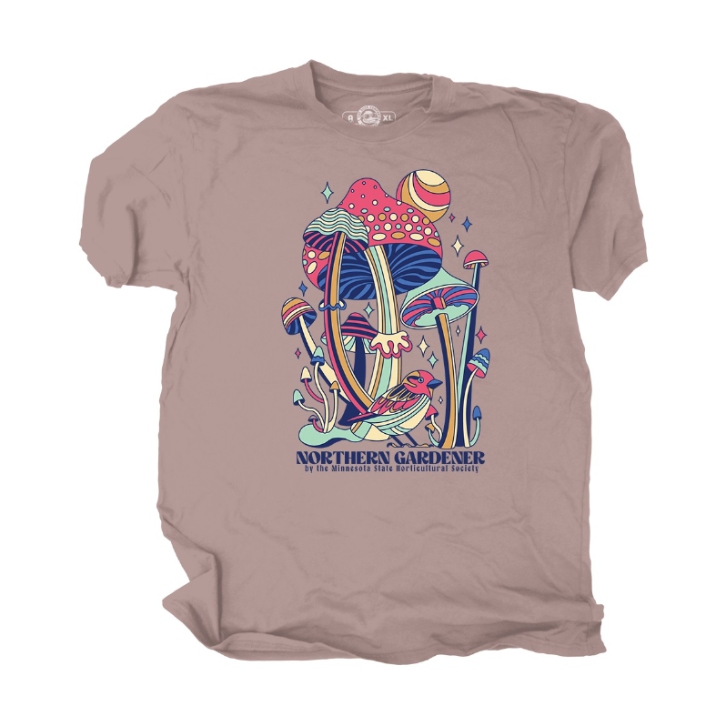 Product Description: 100% cotton, Unisex sizing, Custom screen printing by The Duck Company.</br></br>Orders are mailed directly to the purchaser.</br>Is your order a gift? Email us if you'd rather have us ship to your recipient. Don't forget to visit the holiday store to add a gift membership or subscription to create your own gift package!</br> Daydreaming Mushrooms T-shirt (Dusty Rose)