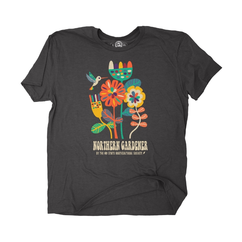 Product Description: 100% cotton, Unisex sizing, Custom screen printing by The Duck Company.</br></br>Orders are mailed directly to the purchaser.</br>Is your order a gift? Email us if you'd rather have us ship to your recipient. Don't forget to visit the holiday store to add a gift membership or subscription to create your own gift package!</br> Mod Flowers T-shirt (Charcoal)